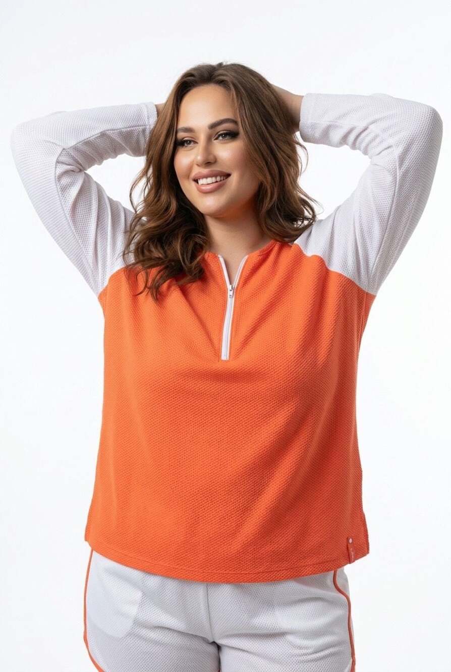 Lauren Ralph Lauren Orange & White Waffle Knit Quarter-Zip Top Size 3X